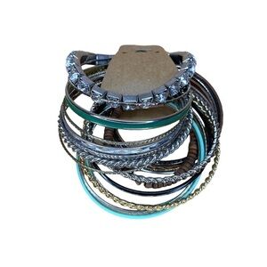 Set Of 21 Bangle Bracelets Gold Silver Rhinestone Teal Glam Boho